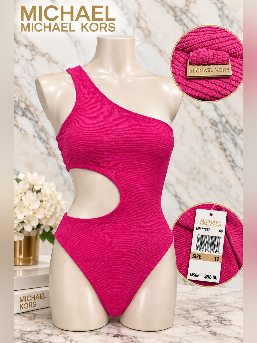 Michael Kors Hot Pink Ribbed One-Shoulder Cutout Bodysuit NWT Size 12